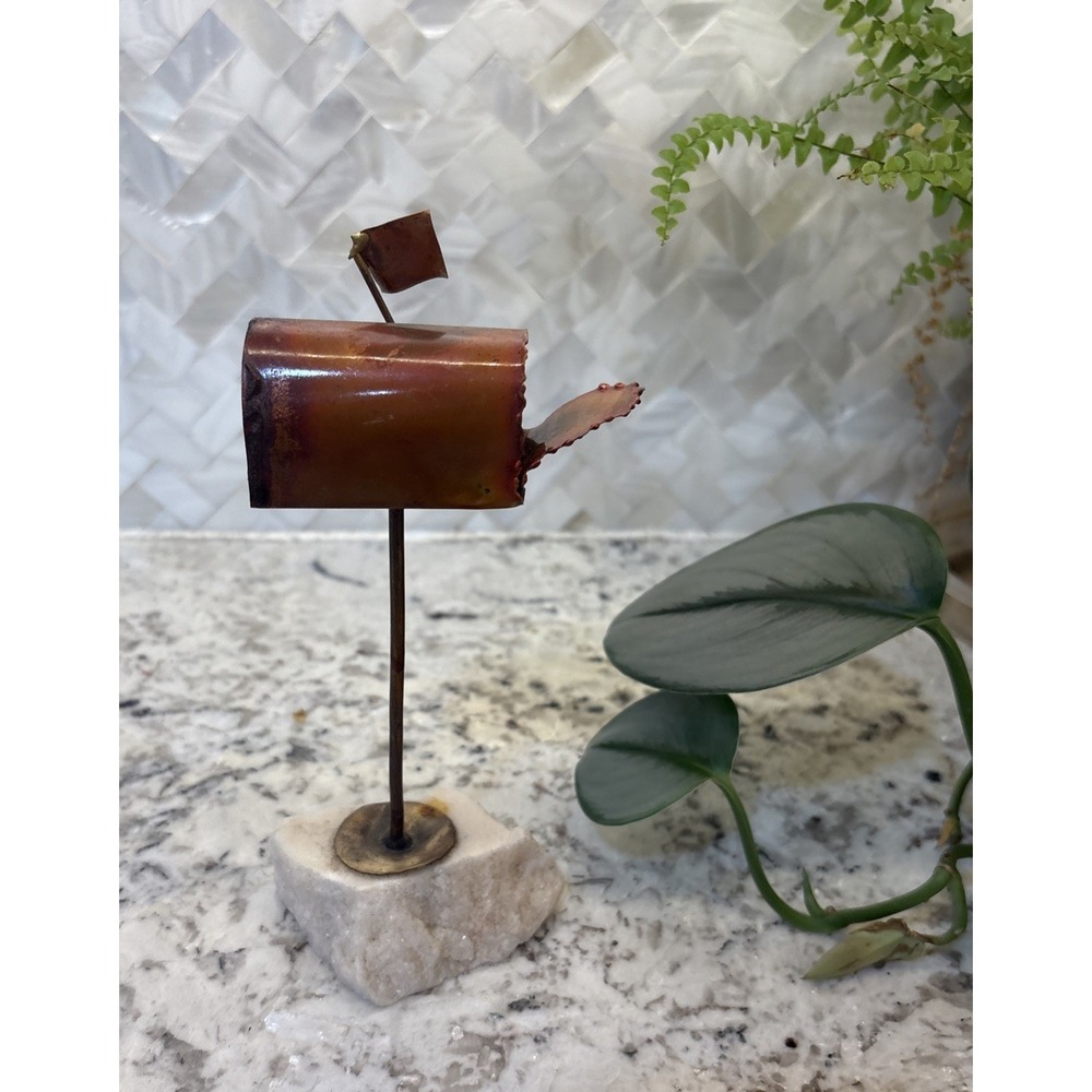 Vintage Copper Brass Mailbox Brutalist Sculpture On Agate?‎ MCM mailman letters